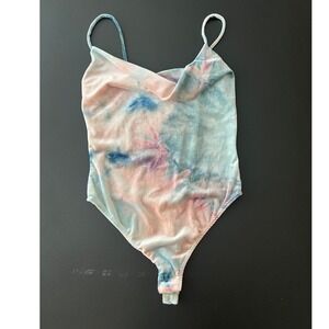 Out From Under Velvet Tie Dye Cowl Neck Bodysuit Small Blue Pink (1006)